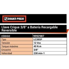Llave Crique A Bateria Dowen Pagio Ion Litio 9992987 - Enc. 3/8" - 12 Volt Reversible - comprar online