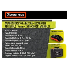 Taladro Percutor A Bateria Dowen Pagio Flex One Sin Carbones 9993112 - 13 Mm - 18 Volt Reversible