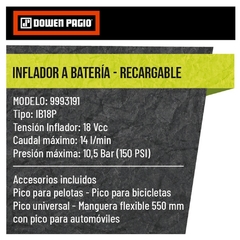 Inflador A Bateria Dowen Pagio Flex One 9993191 - 18 Volt - Sin Cargador Sin Bat - tienda online