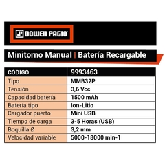 Mini Torno Dowen Pagio A Bateria (Para Cargador De Celular) 9993463 - 3.6 Volt - 24 Acc. Boq.3.2 Mm