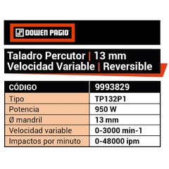 Taladro Percutor Dowen Pagio Vel.Var. Con Reversa 9993829 - 13 Mm - 950 Watts - tienda online