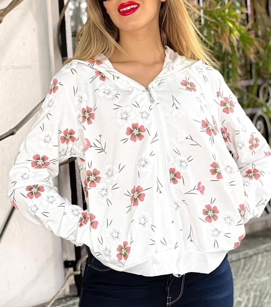 Campera Importada Engomada Flores Fuxia