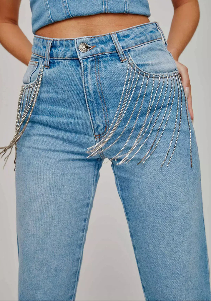 Calça jeans reta com franja strass myft - FASHION UP!