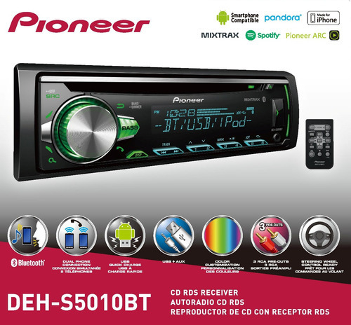 Stereo Pioneer DEH-S5010BT 3 RCA Bluetooth Spotify Display Multicolor