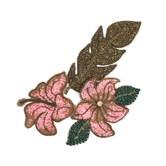 kit Flores Rosa bordado termocolante com pedrarias