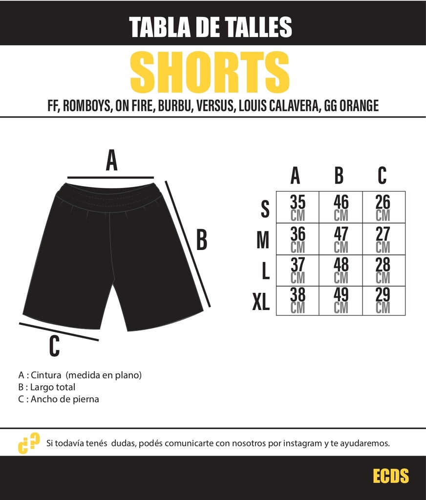 Tabla medidas Short FF Comprar en El club del sweater