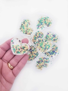 Coração Vazado Acrílico Confete Glitter Verde/amarelo/azul 4x3cm (2un)