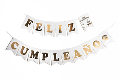 Banderín Feliz Cumpleaños Blanco y Dorado