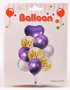 Set 9 Globos Violeta Confetti Dorado