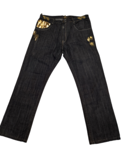 Pantalon Jeans Ancho Importado Bordado Vintage Dorado