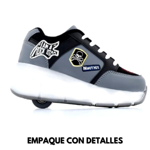 Footy Zapatillas Roller Rock Negro Con Gris Rueda Con Luces Led FXR42 EMPAQUE CON DETALLES