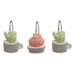 cactus verde Ganchos Para Cortina De Baño Set 12 Unidades Resina Y Metal